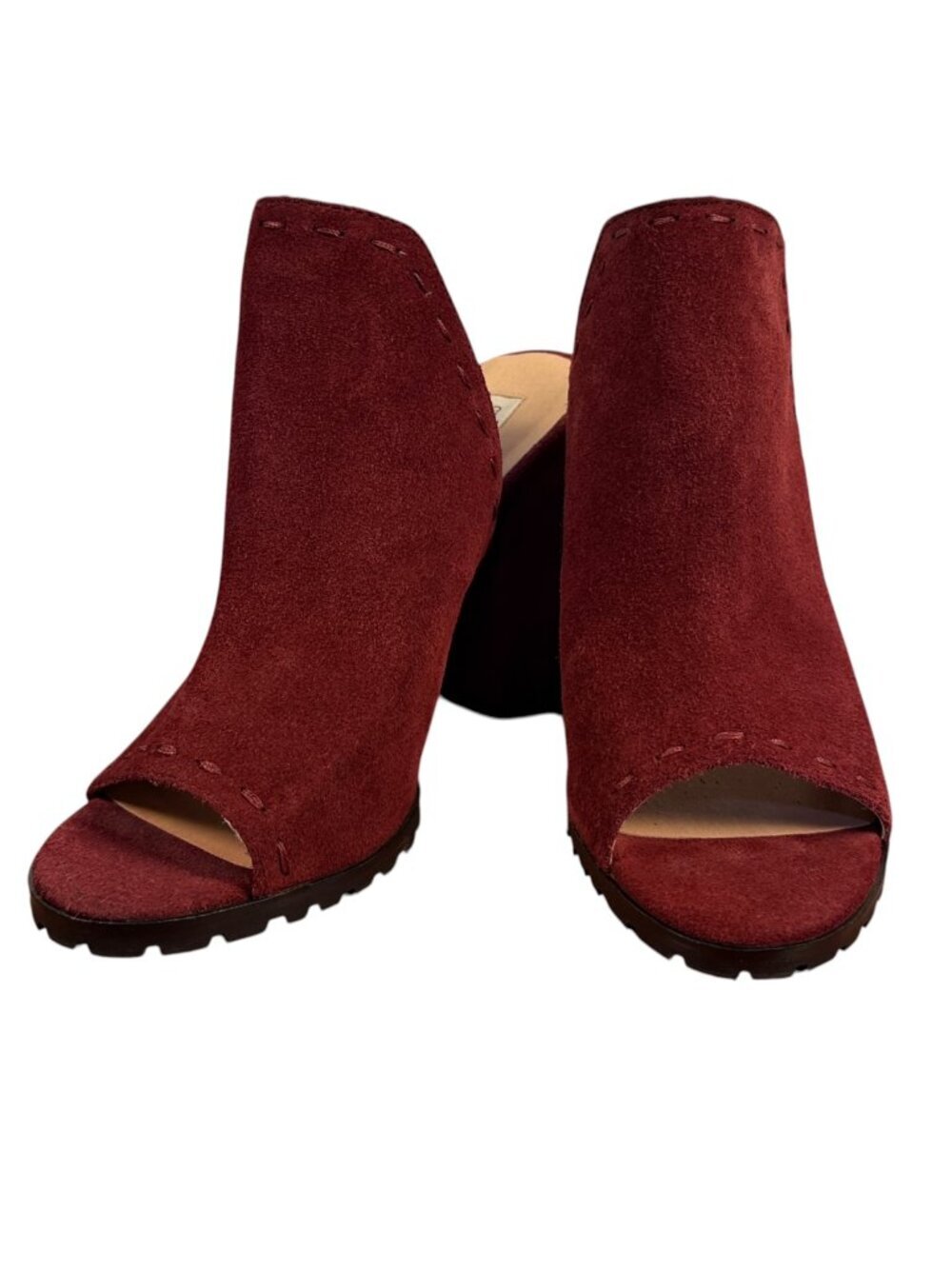 Chelsea & Violet Burgundy Faux Suede Peep Toe Mule Heels Size 10M Block Heel Boo - Picture 2 of 11